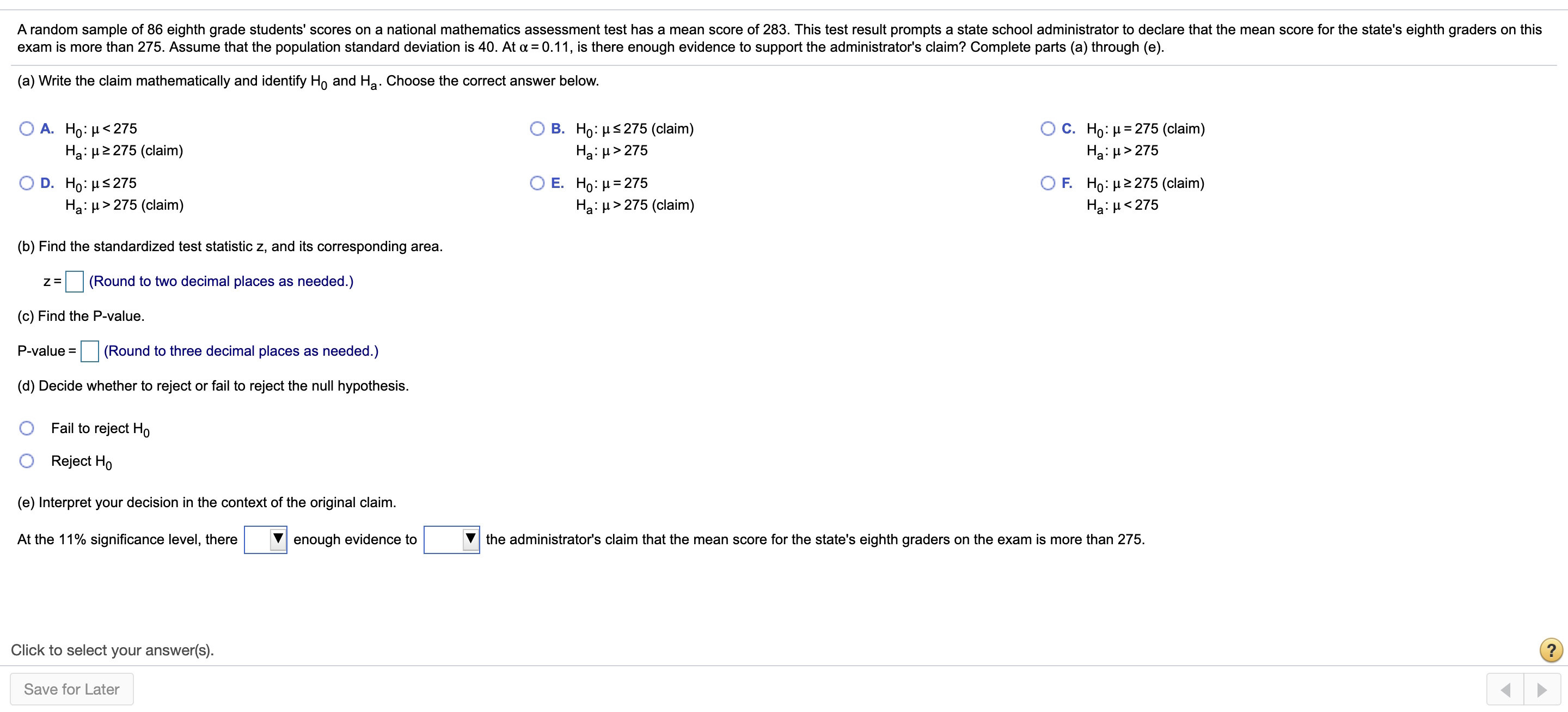  Complete parts(a) through(e). A random sample of 66 eighth grade students'