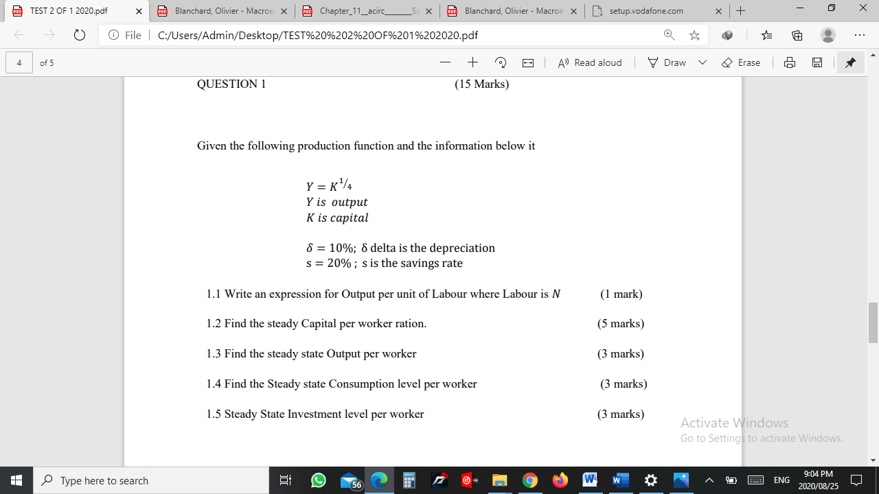 Given the following production function and the information below Y= K1/4Y is