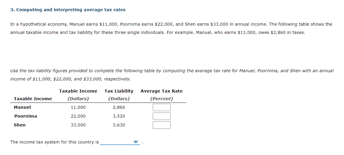 MT ques help 3. Computing and interpreting average tax rates In a