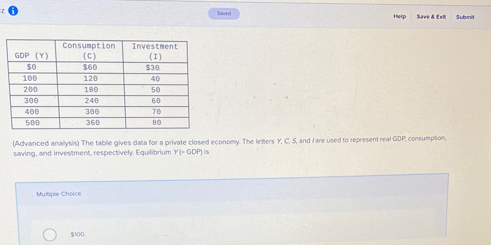 Saved Help Save & Exit Submit Consumption Investment GDP (Y )
