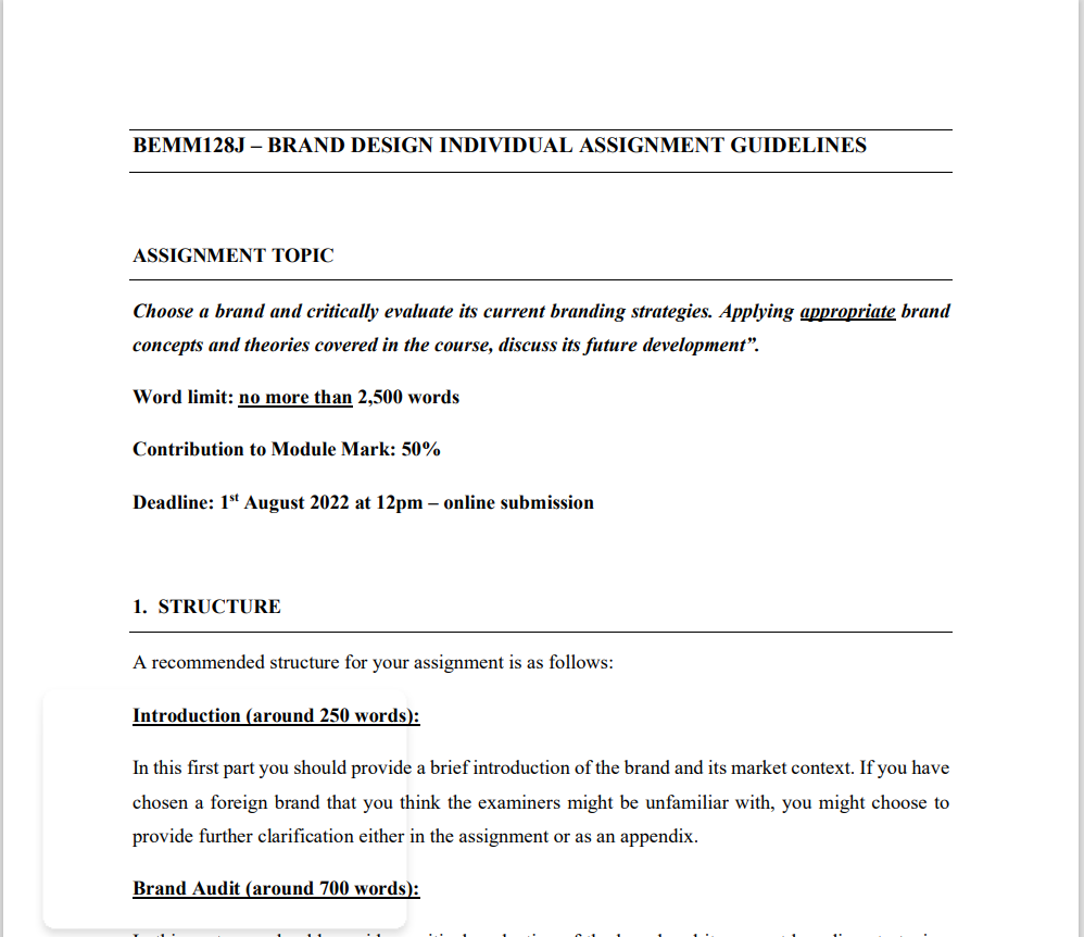  BEMM128J - BRAND DESIGN INDIVIDUAL ASSIGNMENT GUIDELINES ASSIGNMENT TOPIC Choose a