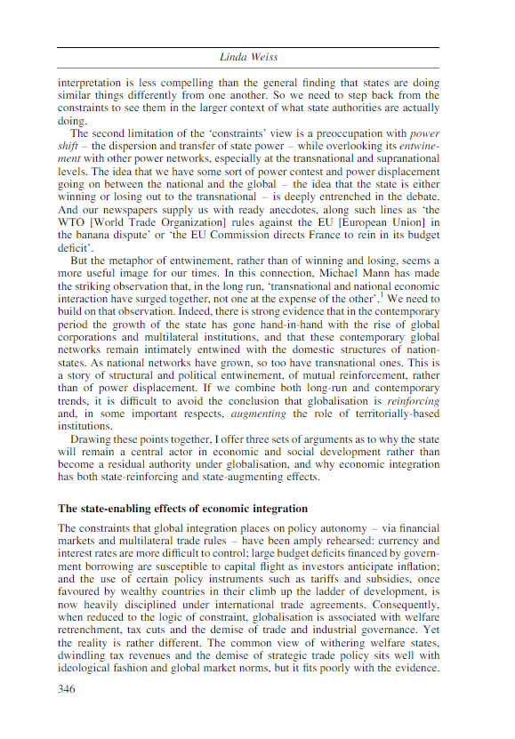 of Globalisation LINDA WEISS Global integration raises many questions about the state