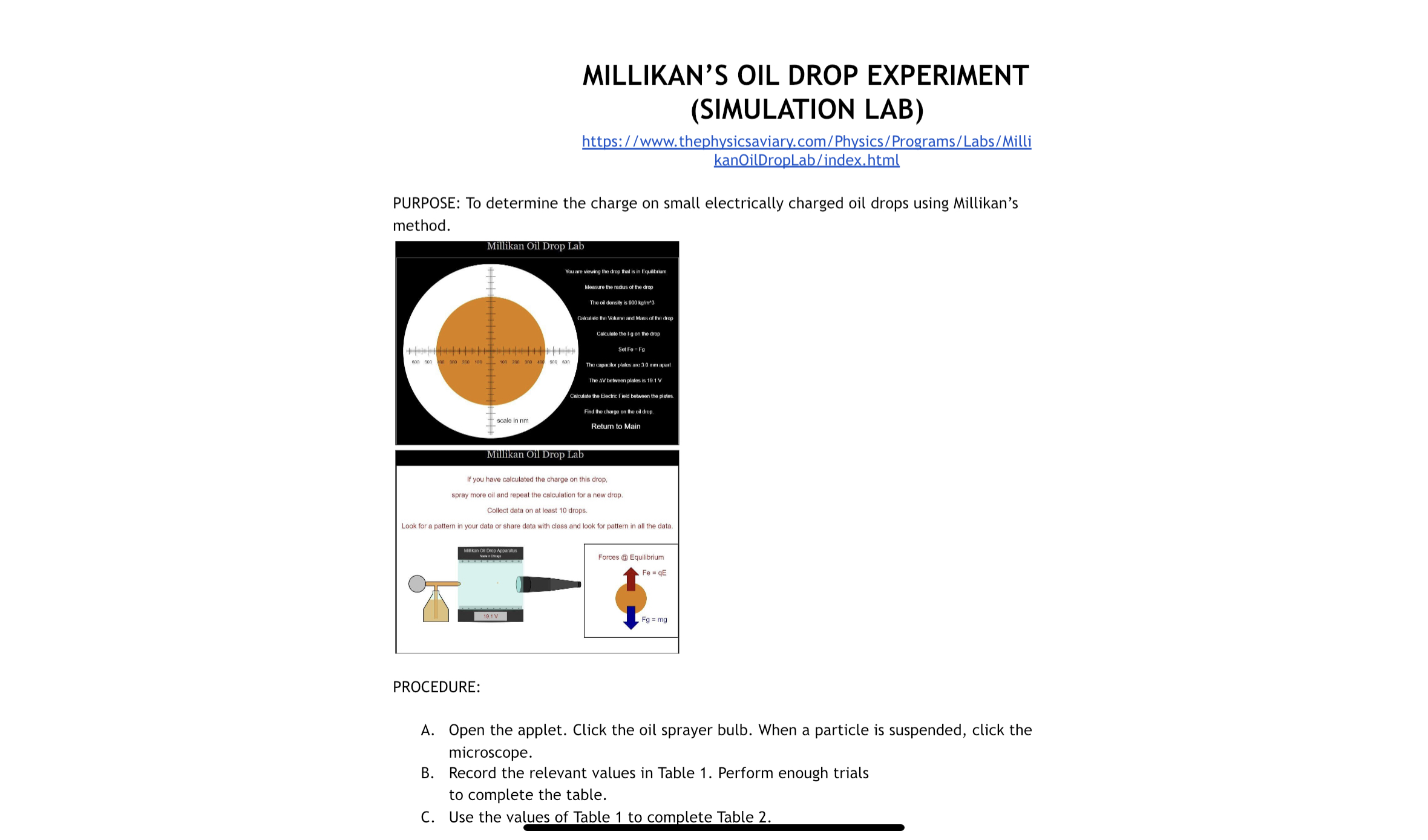 calculation for the volume V sphere of an oil drop given that