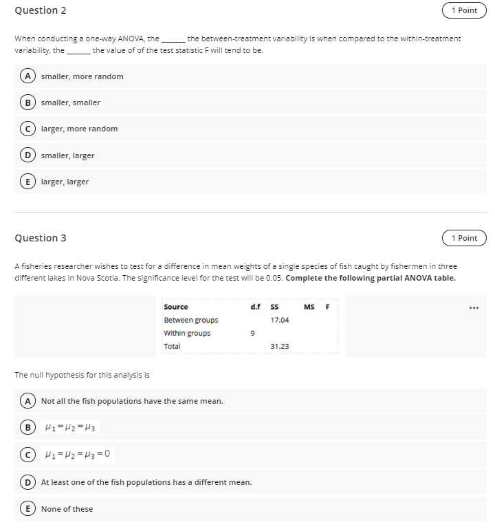  Question 2 1 Point When conducting a one-way ANOVA, the _