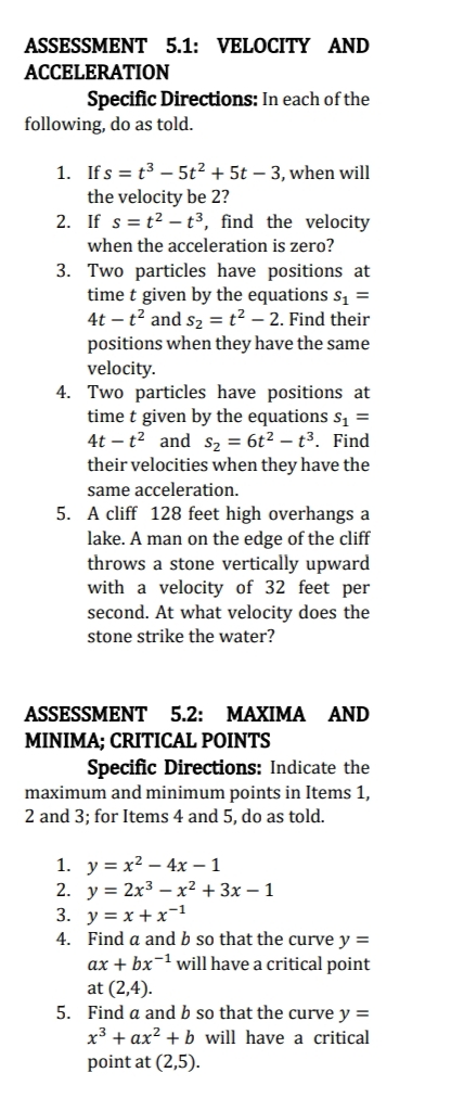 Answer with solution ASSESSMENT 5.1: VELOCITY AND ACCELERATION Specific Directions: In each
