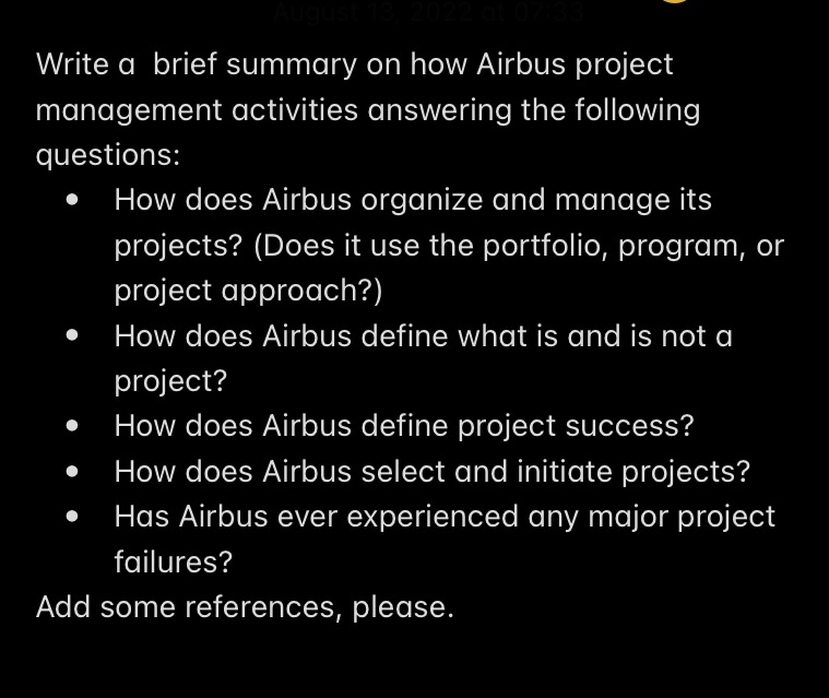  Write a brief summary on how Airbus project management activities answering