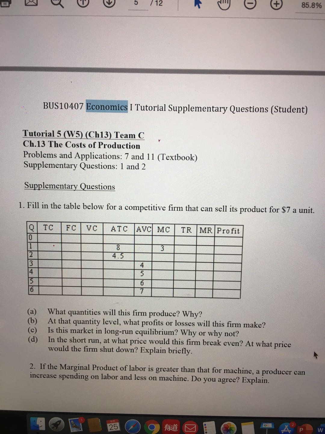 Fill in the table below for a competitive firm that can sell