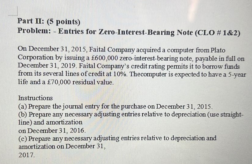  Part II: (5 points) Problem: - Entries for Zero-Interest-Bearing Note (CLO