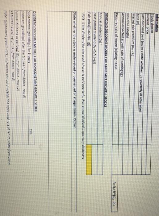 use this templates please (first 2 pics) problem question begain stock valuation.