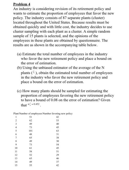 part c (only) Problem 4 An industry is considering revision of its
