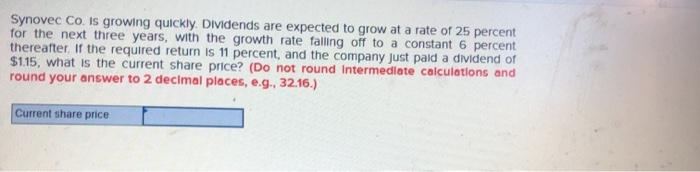  i Synovec Co. is growing quickly. Dividends are expected to grow