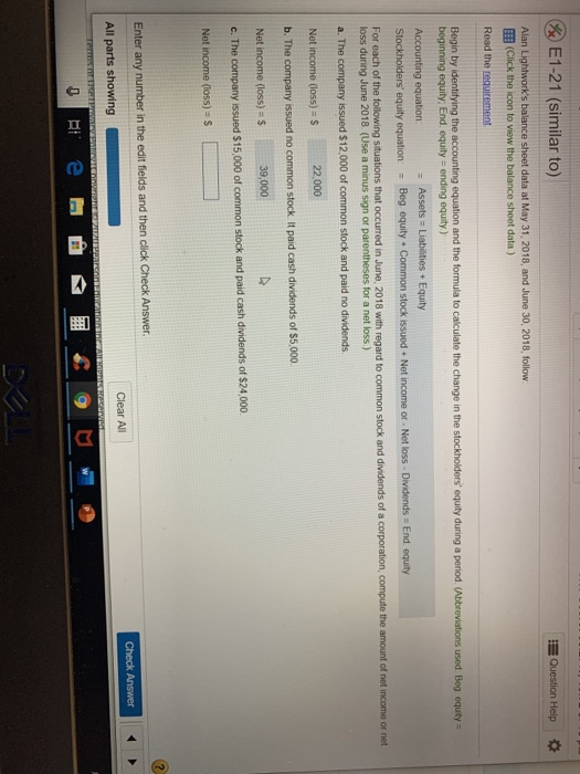  %E1-21 (similar to) E Question Help Alan Lightwork's balance sheet data