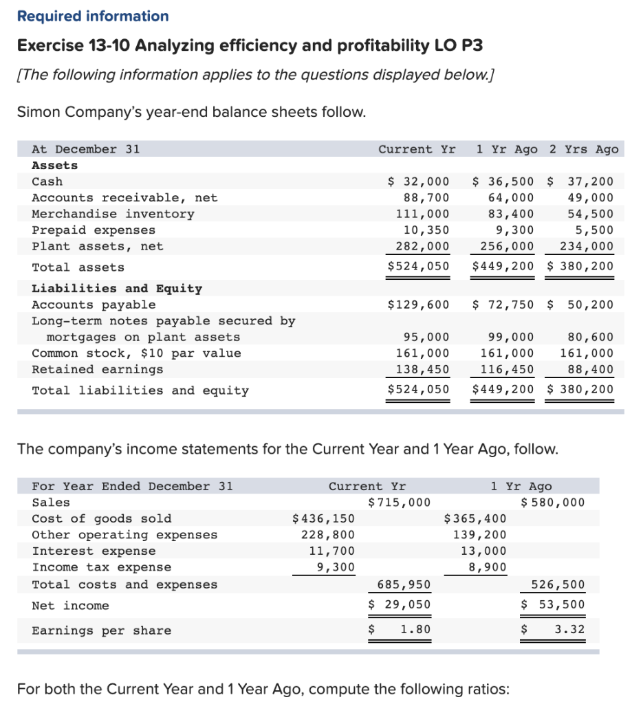 Required information Exercise 13-10 Analyzing efficiency and profitability LO P3 [The