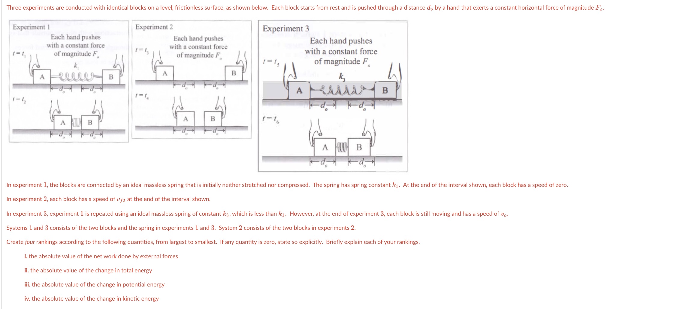 Three experiments are conducted with identical blocks on a level, frictionless