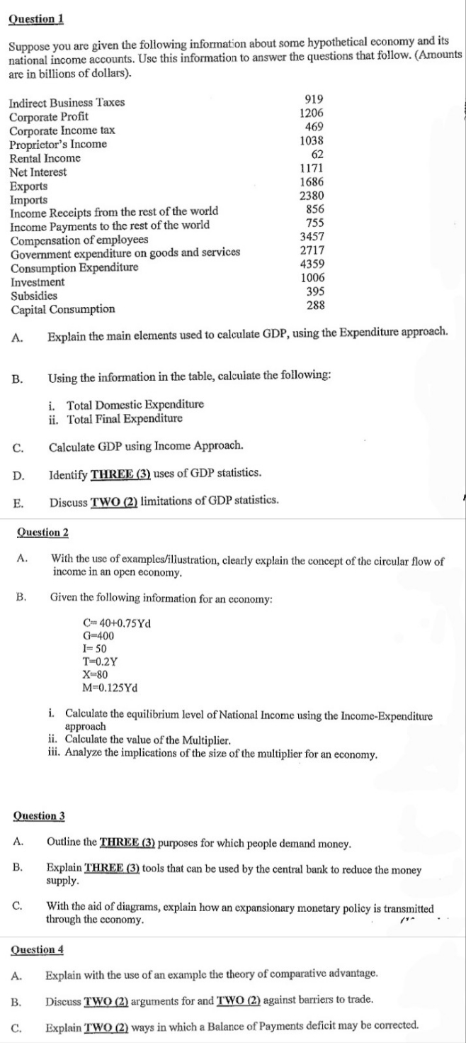 Question 1 Suppose you are given the following information about some