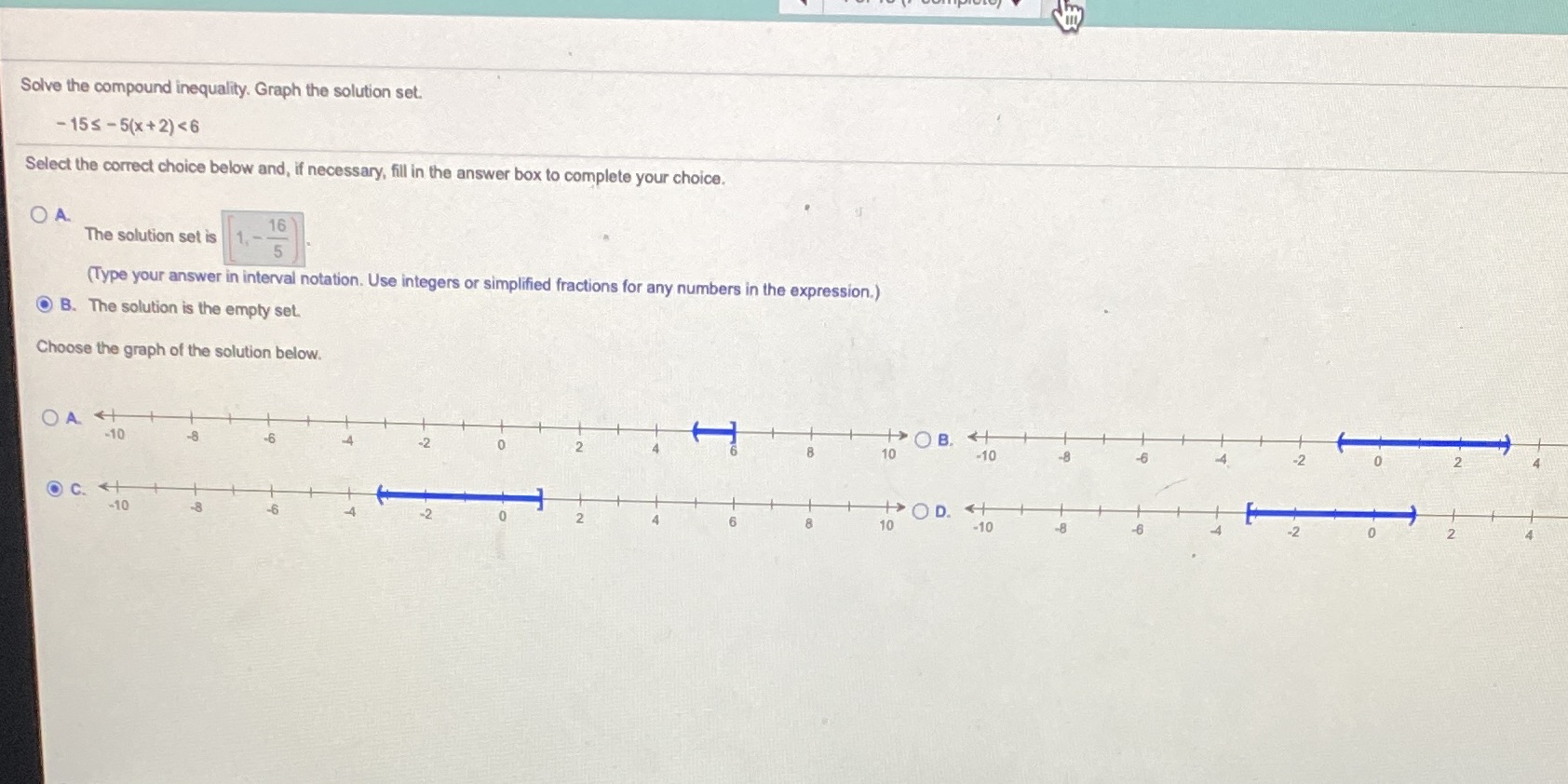 Sdve the irequality. Graph t',e Wlutim set. Sdect the correct choice bebw