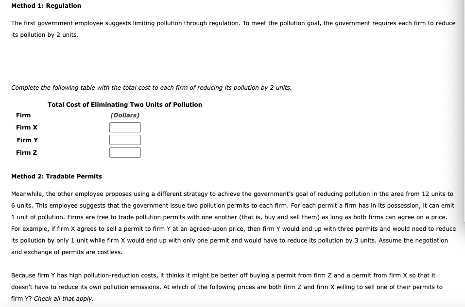 government wants to reduce the total pollution emitted by three local firms.