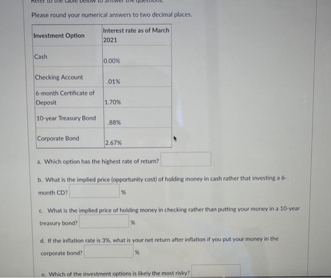 please answer Please round your numerical answers to two decimal places. Investment