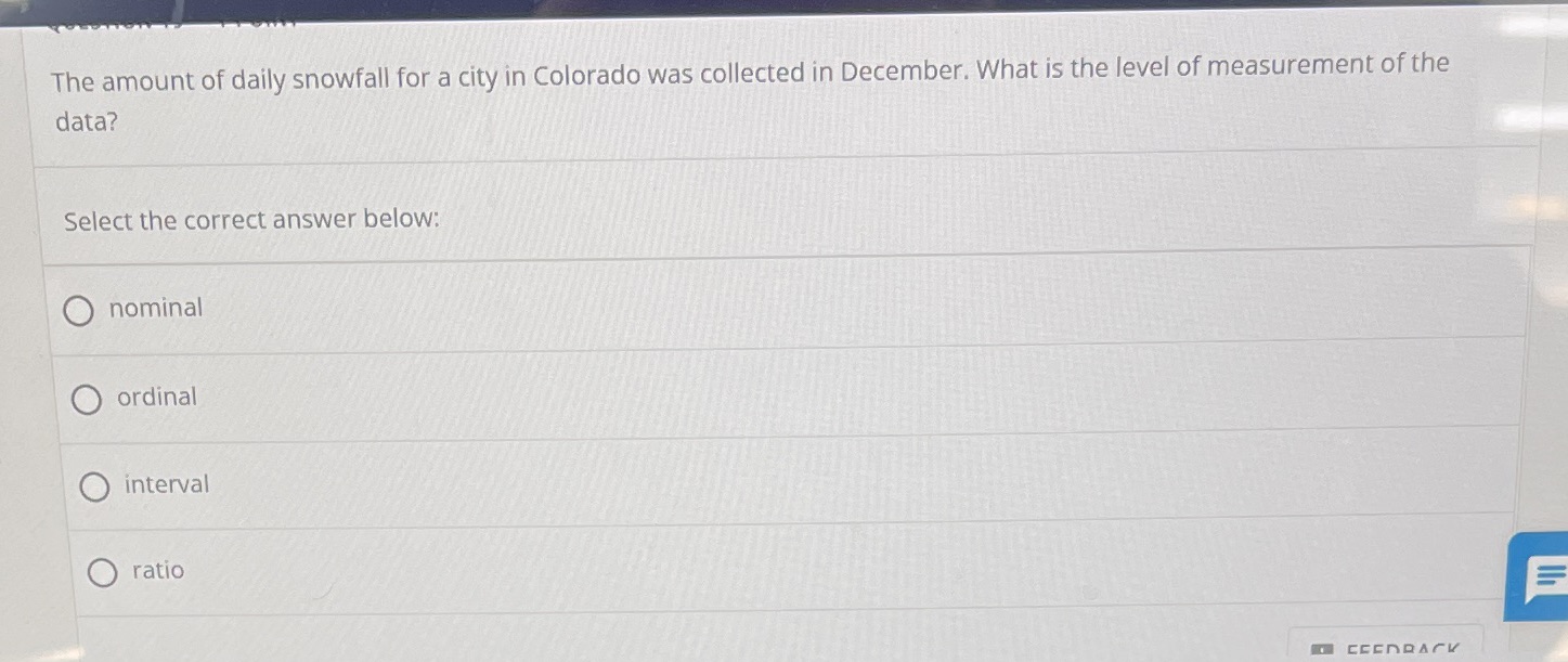 The amount of daily snowfall for a city in Colorado was collected