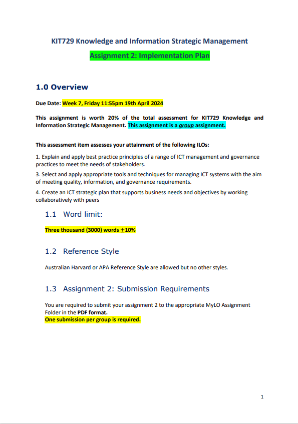  KIT729 Knowledge and Information Strategic Management 2: Plan 1.0 Overview Due