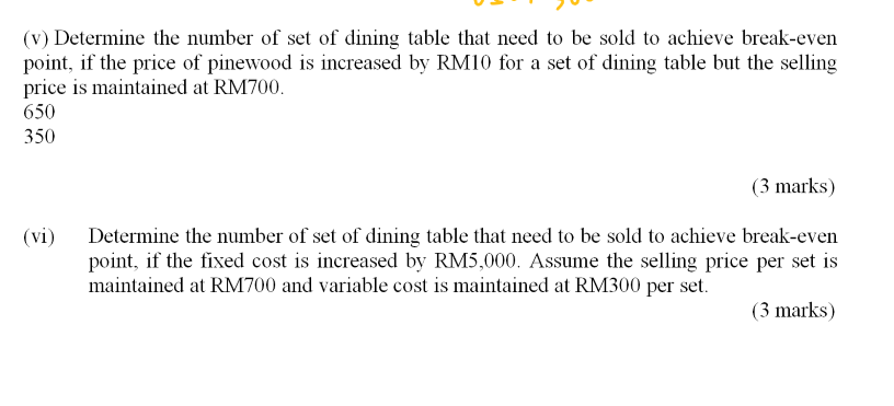 dining tables. A set is sold at RM700. The variable cost is