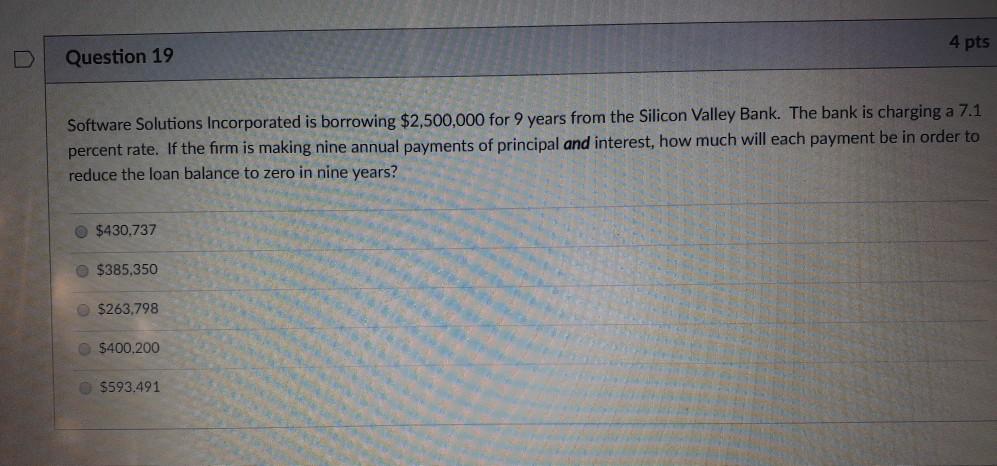 4 pts U Question 19 Software Solutions Incorporated is borrowing $2,500,000
