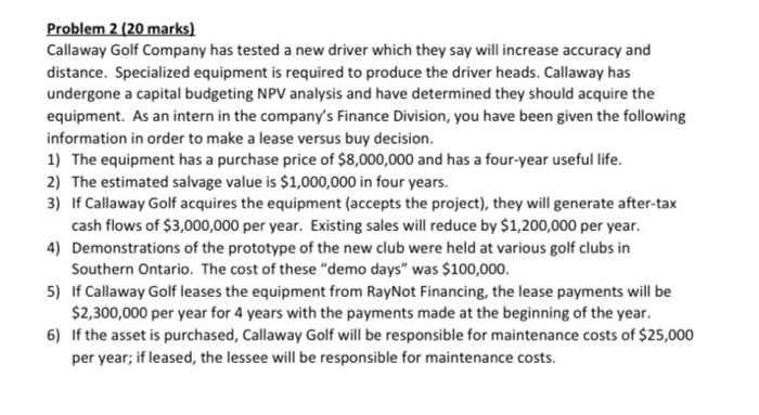  Problem 2 (20 marks) Callaway Golf Company has tested a new