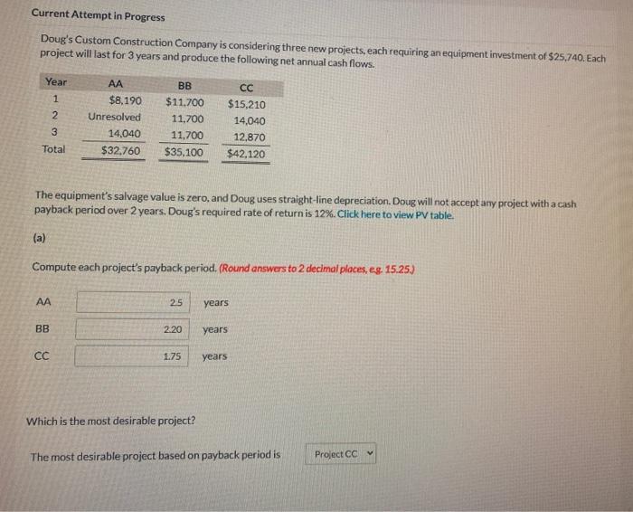  Current Attempt in Progress Doug's Custom Construction Company is considering three