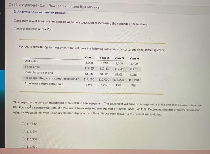  Ch 12: Assignment - Cash Flow Estimation and Risk Analysis 2.