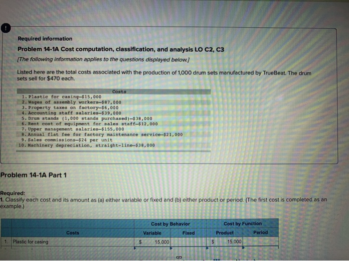  Required information Problem 14-1A Cost computation, classification, and analysis LO C2,