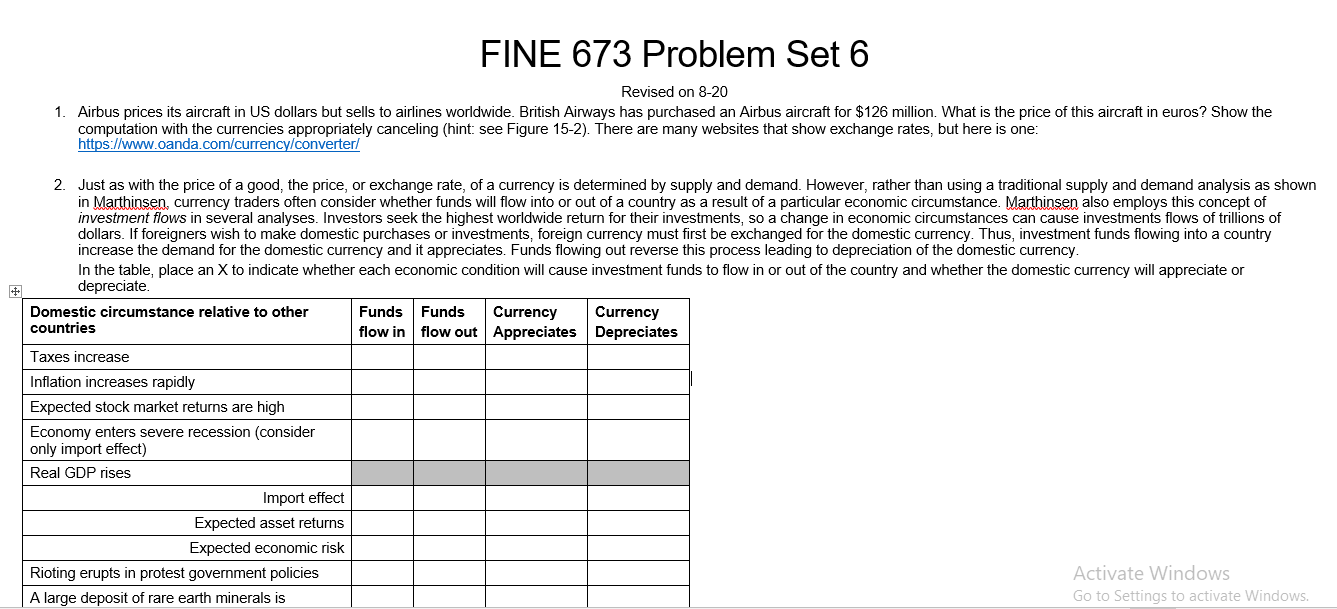  FINE 673 Problem Set 6 Revised on 8-20 1. Airbus prices