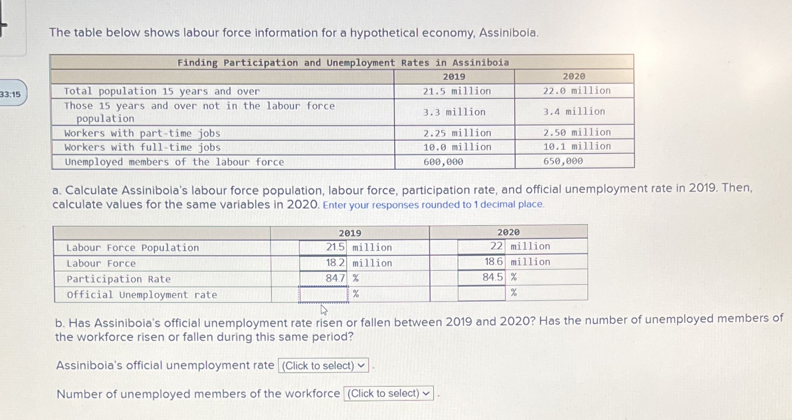  The table below shows labour force information for a hypothetical economy,