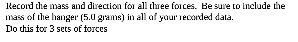 Record the mass and direction for all three forces. Be sure