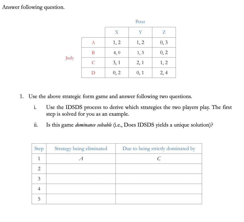 Answer following question. Peter X Y Z A 1, 2 1,