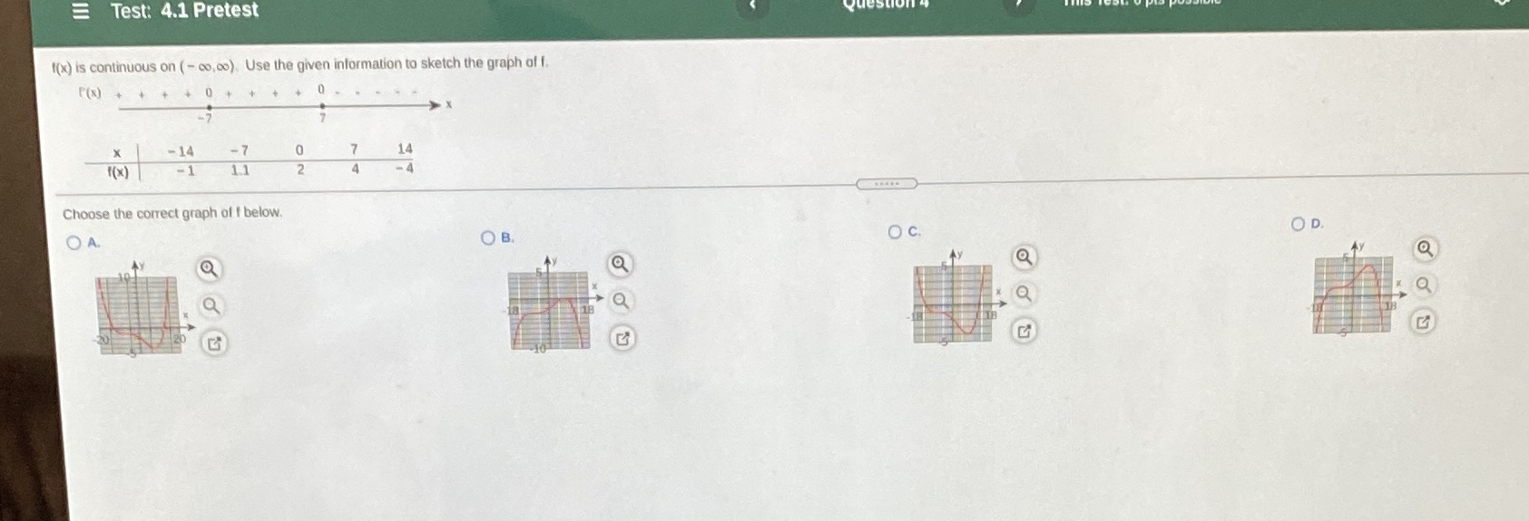  = Test: 4.1 Pretest f(x) is continuous on (- co,co). Use