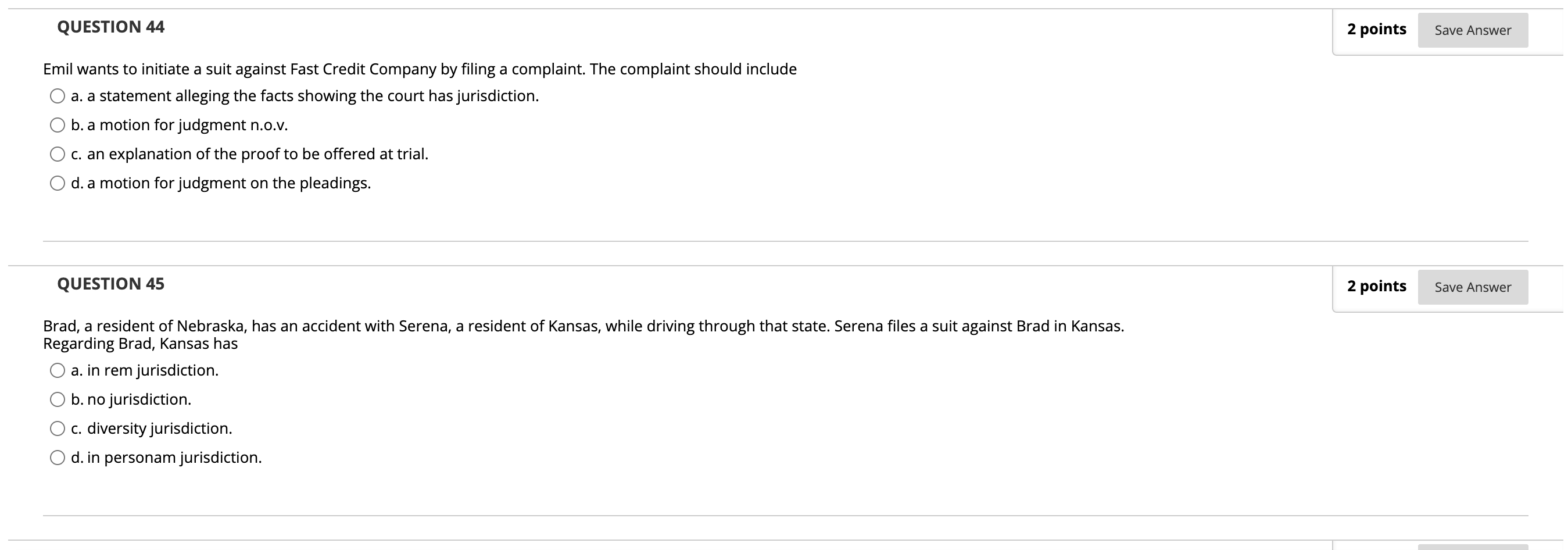 Im stuck on this question QUESTION 44 2 points Save Answer Emil