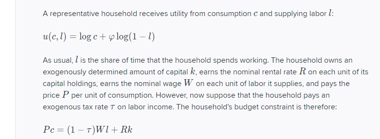  A representative household receives utility from consumption c and supplying labor