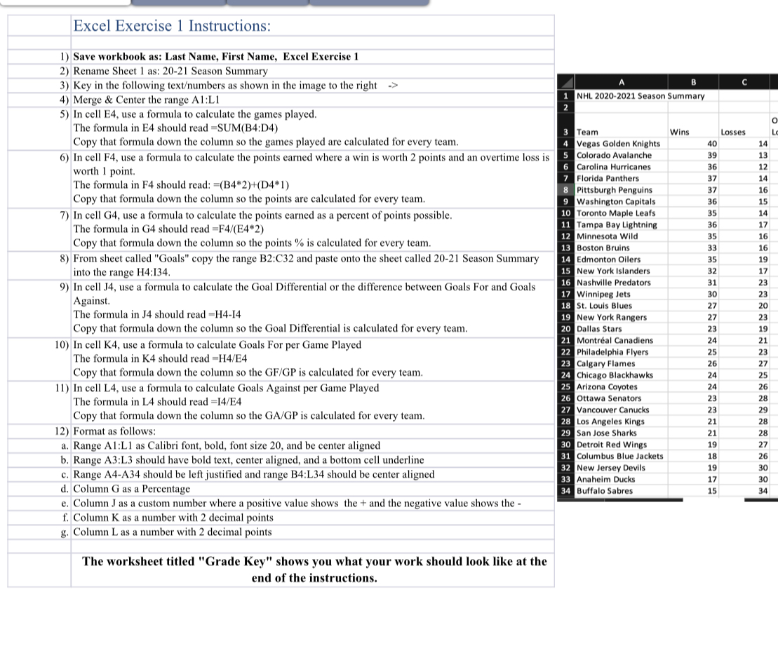 Excel Exercise 1 Instructions: 1) Save workbook as: Last Name, First