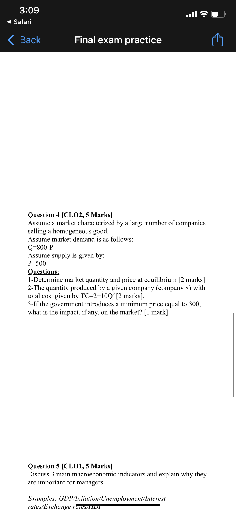  Final exam practice Question 4 [CL02, 5 Marks] Assume a market