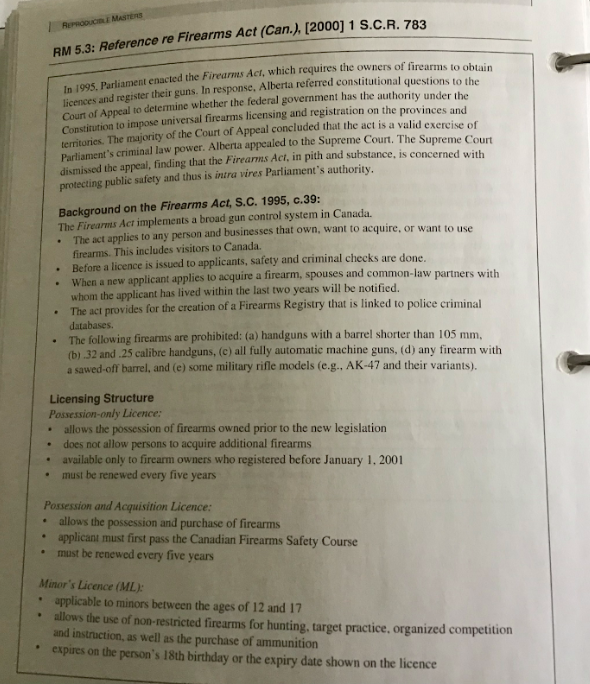  REPRODUCIBLE MASTERS RM 5.3: Reference re Firearms Act (Can.), [2000] 1