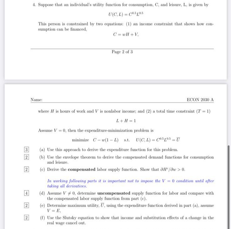 plz need solution 4. Suppose that an individual's utility function for consumption,