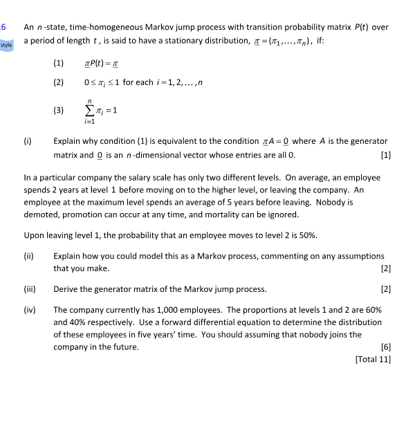 6 An n-state, time-homogeneous Markov jump process with transition probability matrix