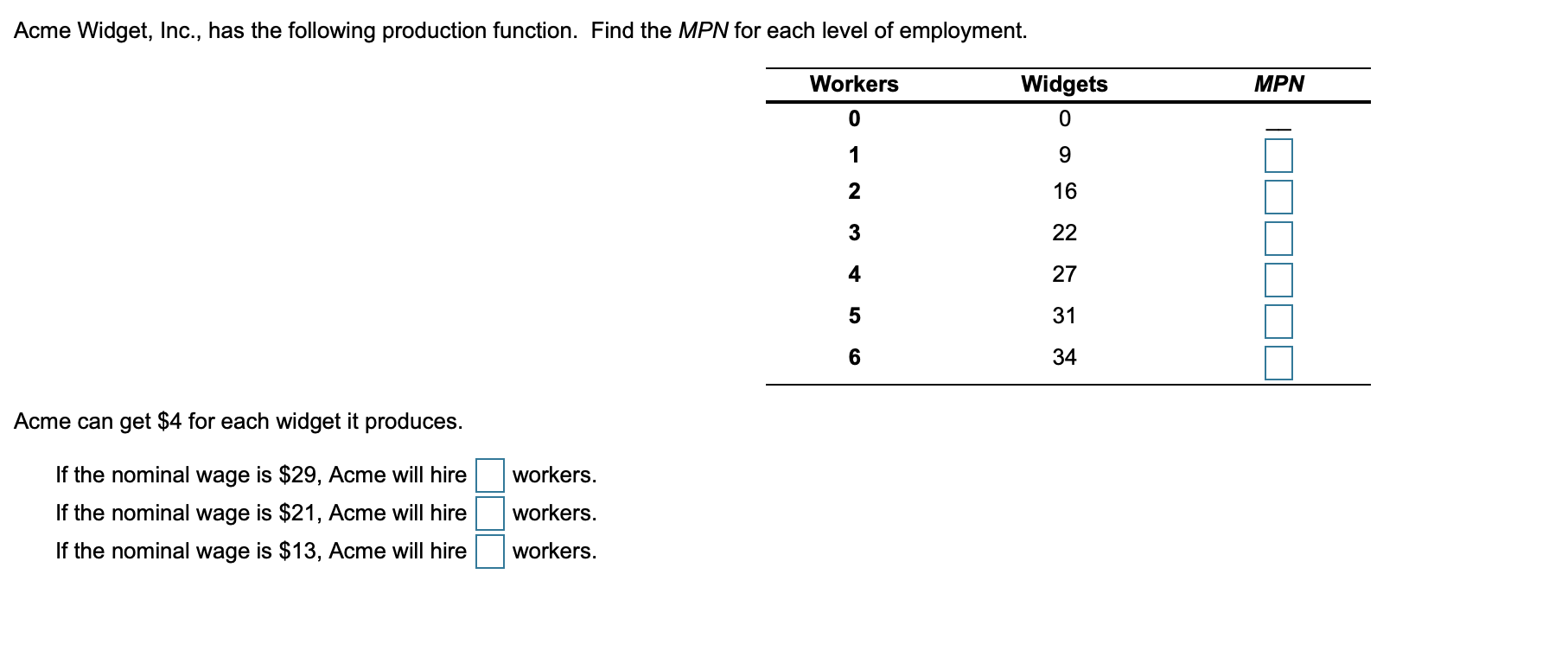  Acme Widget, Inc., has the following production function. Find the MPN