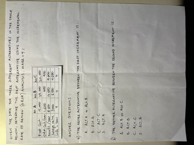  GIVEN THE DATA FOR THREE DIFFERENT ALTERNATIVES IN THE TABLE BELOW,