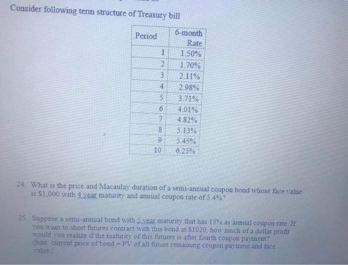 please show workings Consider following term structure of Treasury bill 6-month Period