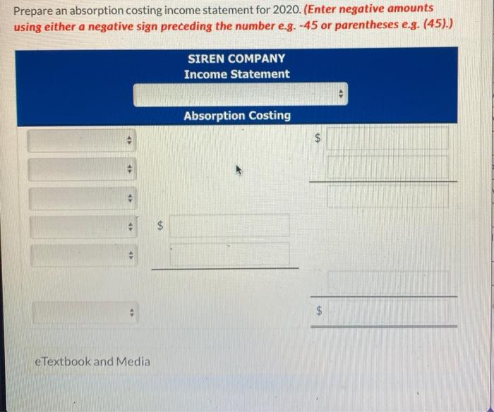  Prepare an absorption costing income statement for 2020. (Enter negative amounts