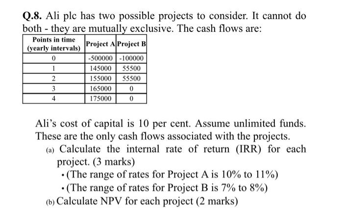  Q.8. Ali plc has two possible projects to consider. It cannot