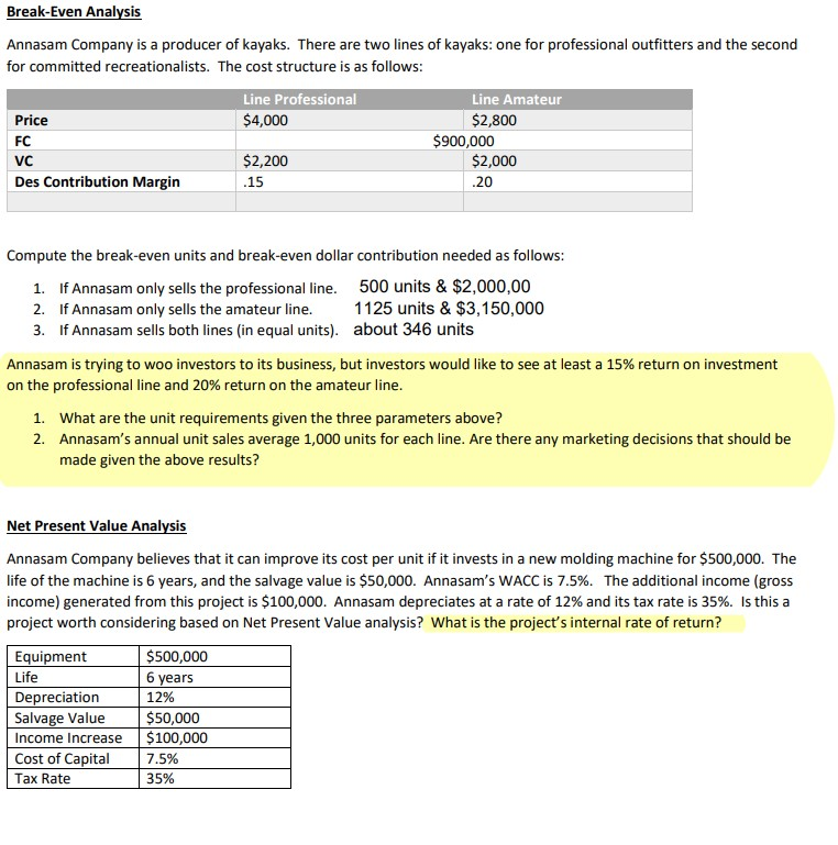 I need help on the yellow highlighted area. Break-Even Analysis Annasam Company