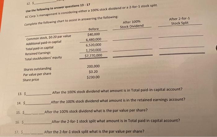  After 2-for-1 Stock Split 12. S Use the following to answer