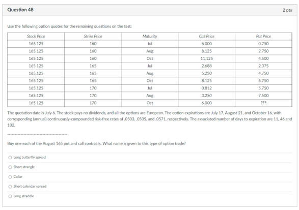 Question 48 2 pts Use the following option quotes for the